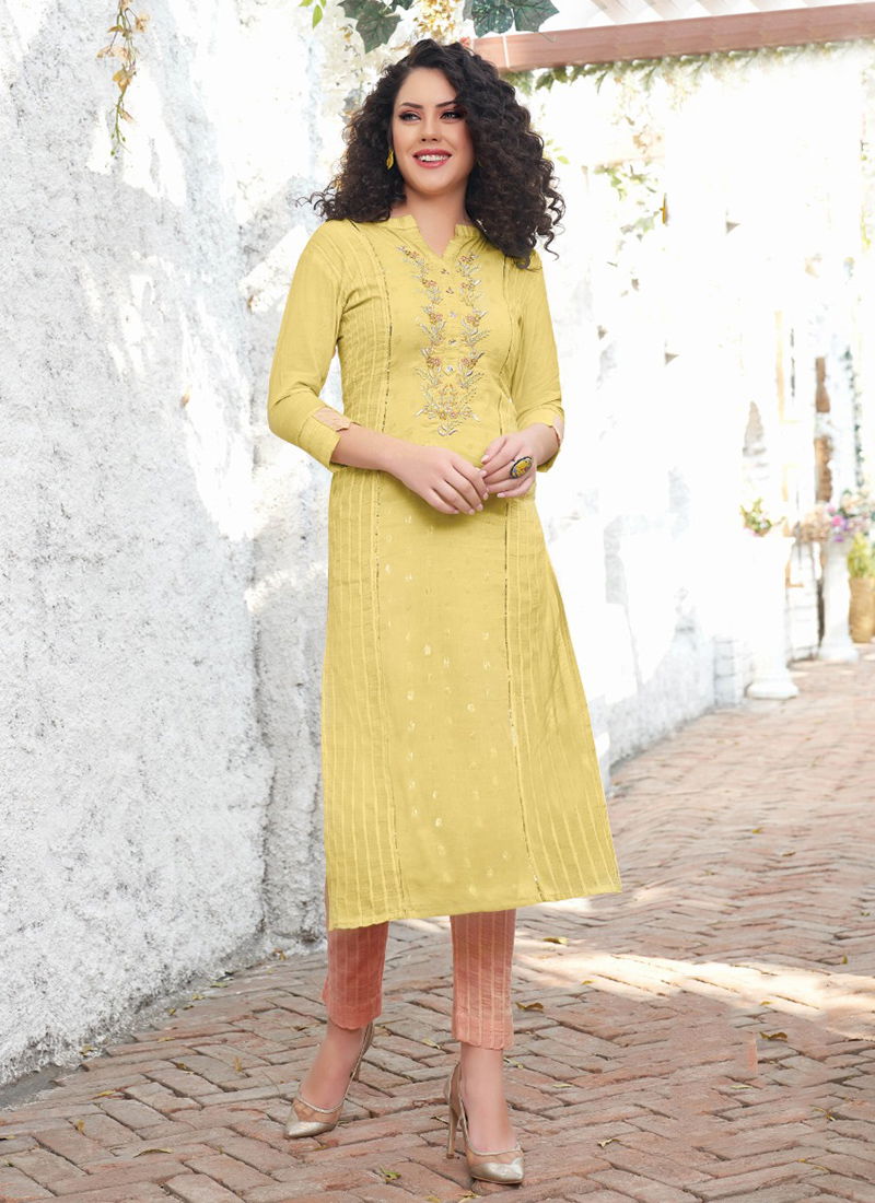 F.Label Vol 5 Designer Rayon Embroidery Work Kurti With Fancy Bottom Collection 5001-5012 